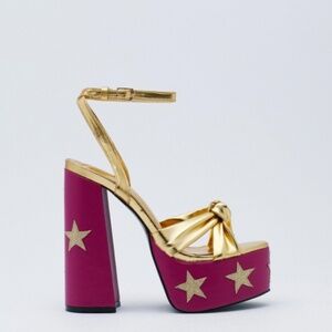 Nasty Gal Gold Metallic Stars Faux Leather Platform 2 Part Heels Size 9 40